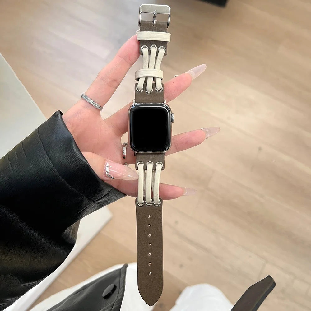 For Apple Watch Ultra 3 2 1 49mm / Series 11 10 46mm / 9 8 7 45mm / SE3 SE2 SE 6 5 4 44mm / 3 2 1 42mm Genuine Cow Leather Strap Bracelet - White / Coffee - 1