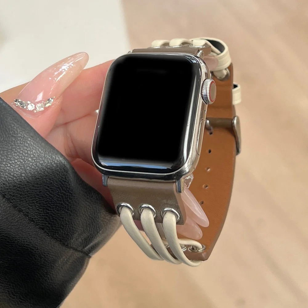 For Apple Watch Ultra 3 2 1 49mm / Series 11 10 46mm / 9 8 7 45mm / SE3 SE2 SE 6 5 4 44mm / 3 2 1 42mm Genuine Cow Leather Strap Bracelet - White / Coffee - 2