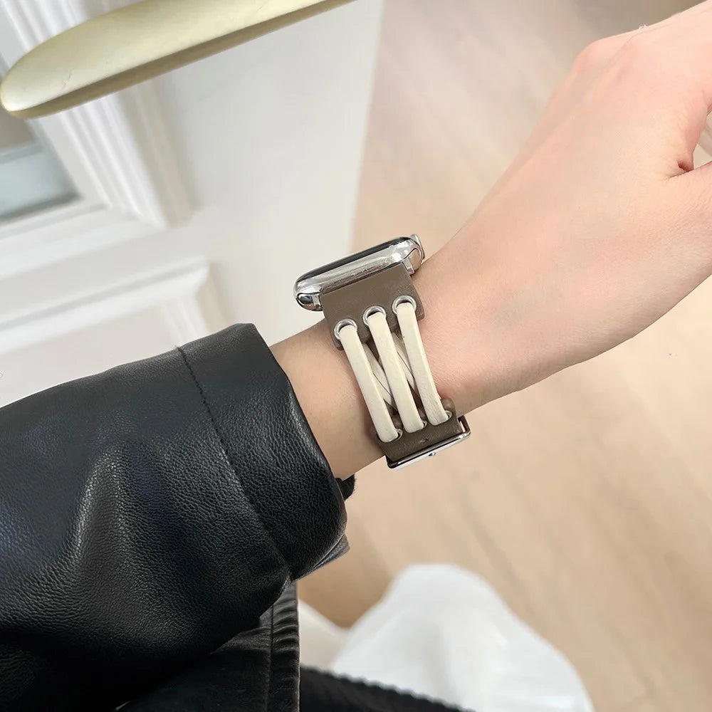For Apple Watch Ultra 3 2 1 49mm / Series 11 10 46mm / 9 8 7 45mm / SE3 SE2 SE 6 5 4 44mm / 3 2 1 42mm Genuine Cow Leather Strap Bracelet - White / Coffee - 3