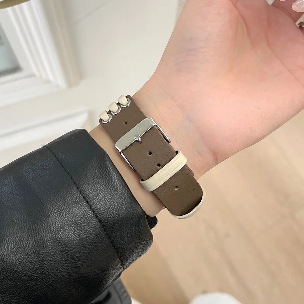 For Apple Watch Ultra 3 2 1 49mm / Series 11 10 46mm / 9 8 7 45mm / SE3 SE2 SE 6 5 4 44mm / 3 2 1 42mm Genuine Cow Leather Strap Bracelet - White / Coffee - 4