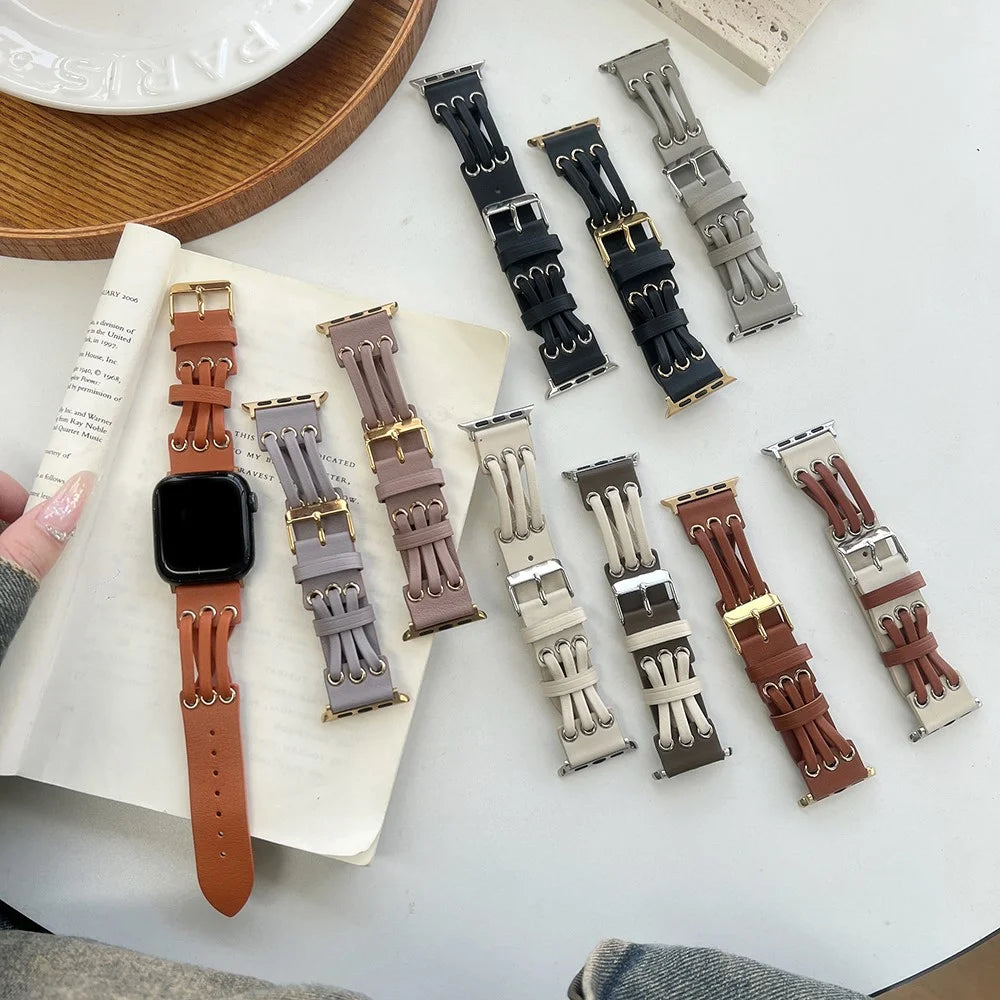 For Apple Watch Ultra 3 2 1 49mm / Series 11 10 46mm / 9 8 7 45mm / SE3 SE2 SE 6 5 4 44mm / 3 2 1 42mm Genuine Cow Leather Strap Bracelet - White / Coffee - 5