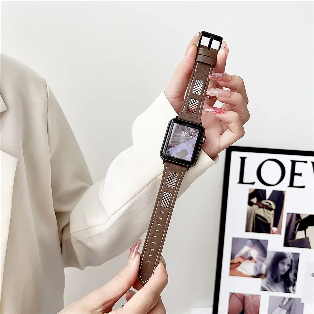 For Apple Watch Ultra 3 2 1 49mm / Series 11 10 46mm / 9 8 7 45mm / SE3 SE2 SE 6 5 4 44mm / 3 2 1 42mm PU Leather Mesh Watch Straps - Coffee - 1