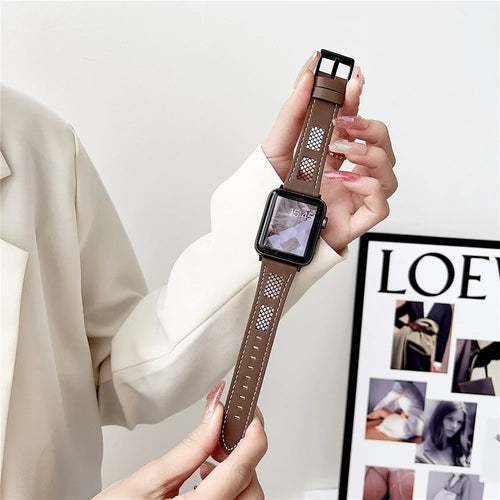 For Apple Watch Ultra 3 2 1 49mm / Series 11 10 46mm / 9 8 7 45mm / SE3 SE2 SE 6 5 4 44mm / 3 2 1 42mm PU Leather Mesh Watch Straps - Coffee - 1