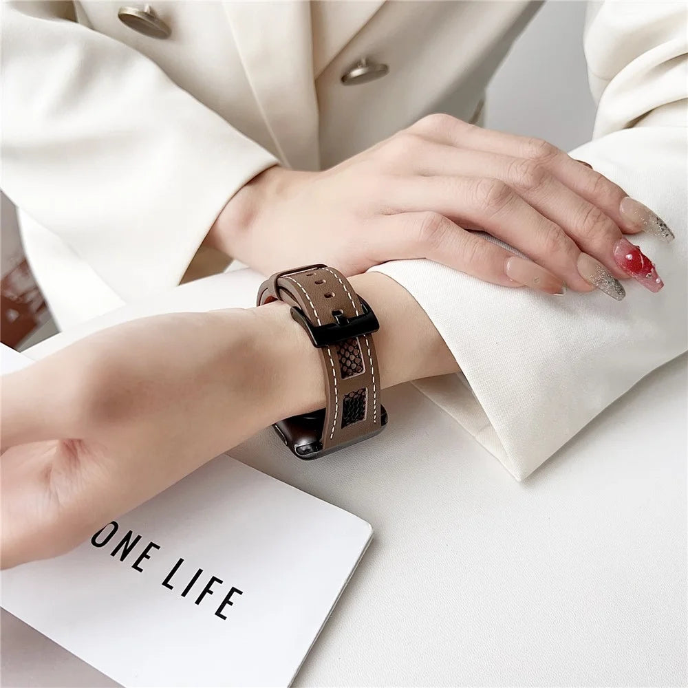 For Apple Watch Ultra 3 2 1 49mm / Series 11 10 46mm / 9 8 7 45mm / SE3 SE2 SE 6 5 4 44mm / 3 2 1 42mm PU Leather Mesh Watch Straps - Coffee - 3