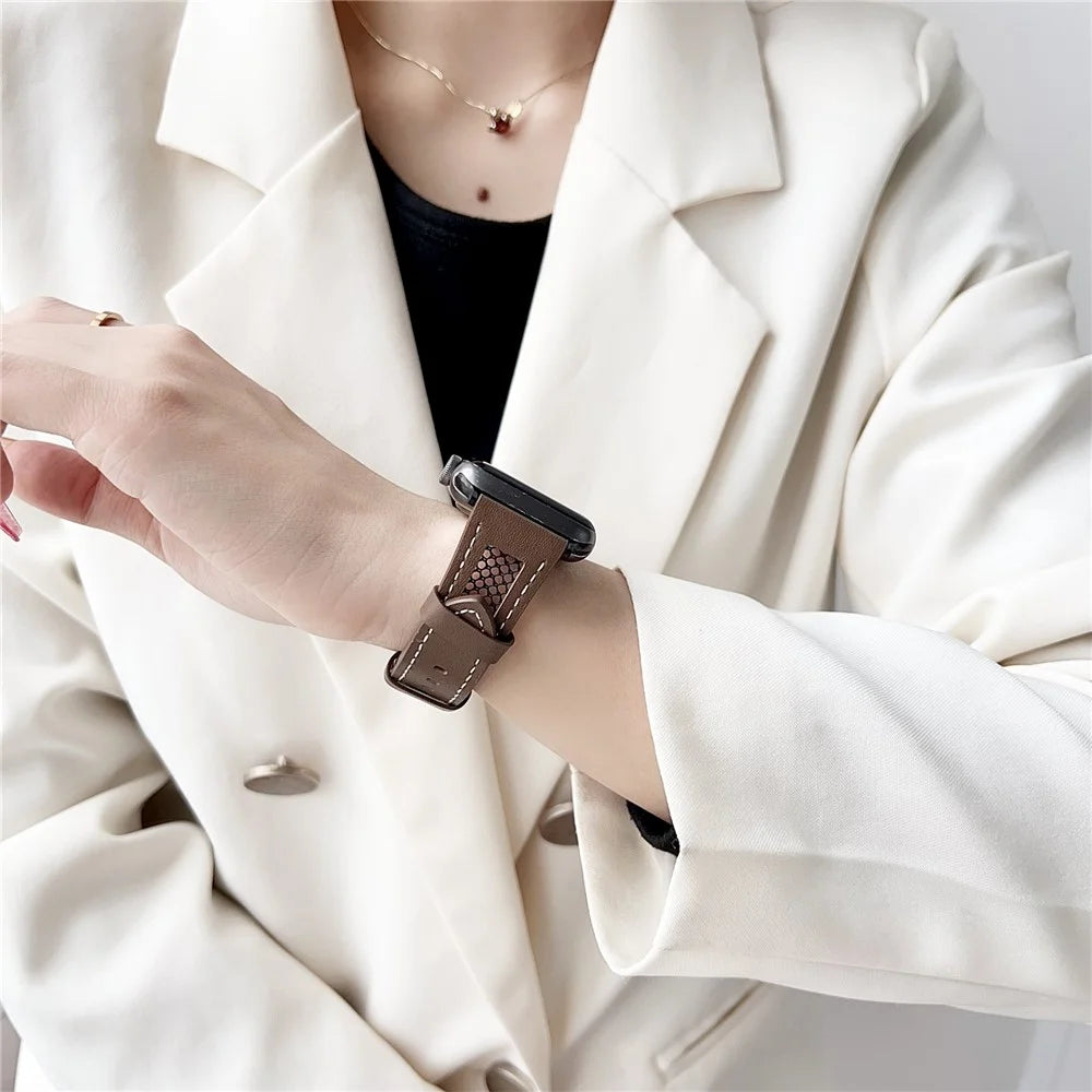 Strap For Apple Watch Series 11 10 42mm / 9 8 7 41mm / SE3 SE2 SE 6 5 4 40mm / 3 2 1 38mm PU Leather Watch Band with Mesh - Coffee - 2