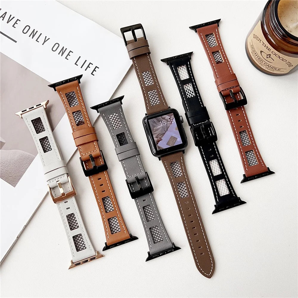 Strap For Apple Watch Series 11 10 42mm / 9 8 7 41mm / SE3 SE2 SE 6 5 4 40mm / 3 2 1 38mm PU Leather Watch Band with Mesh - Coffee - 5