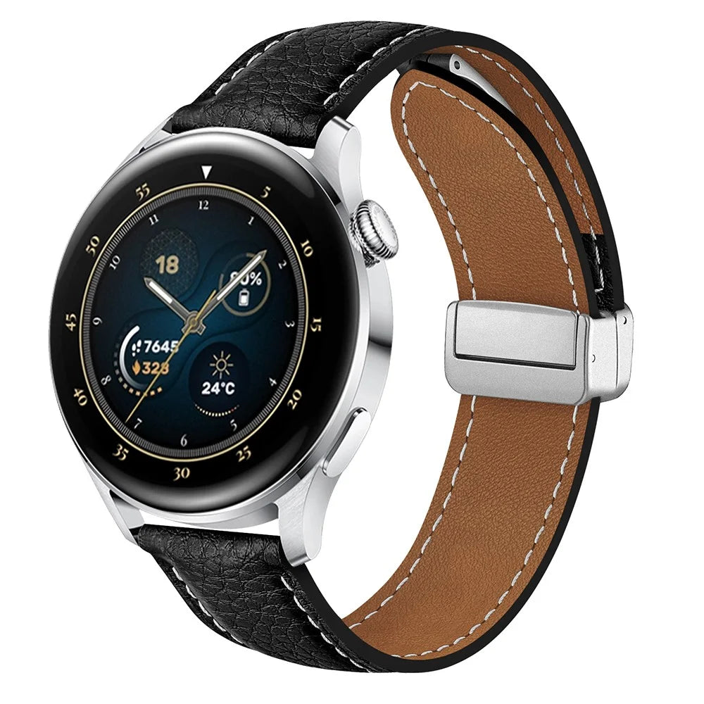 For Samsung Galaxy Watch3 45mm / Huawei Watch GT 4 46mm Leather Strap 22mm Magnetic Watch Band - Black - 4