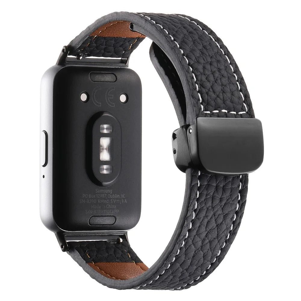 For Samsung Galaxy Fit3 Watch Strap Litchi Texture Genuine Cow Leather Magnetic Band - Black - 1