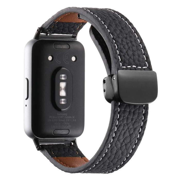 For Samsung Galaxy Fit3 Watch Strap Litchi Texture Genuine Cow Leather Magnetic Band - Black - 1