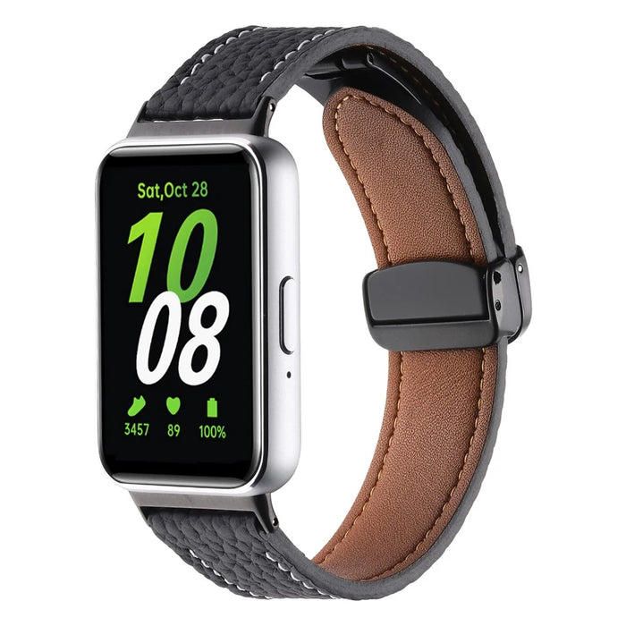 For Samsung Galaxy Fit3 Watch Strap Litchi Texture Genuine Cow Leather Magnetic Band - Black - 2