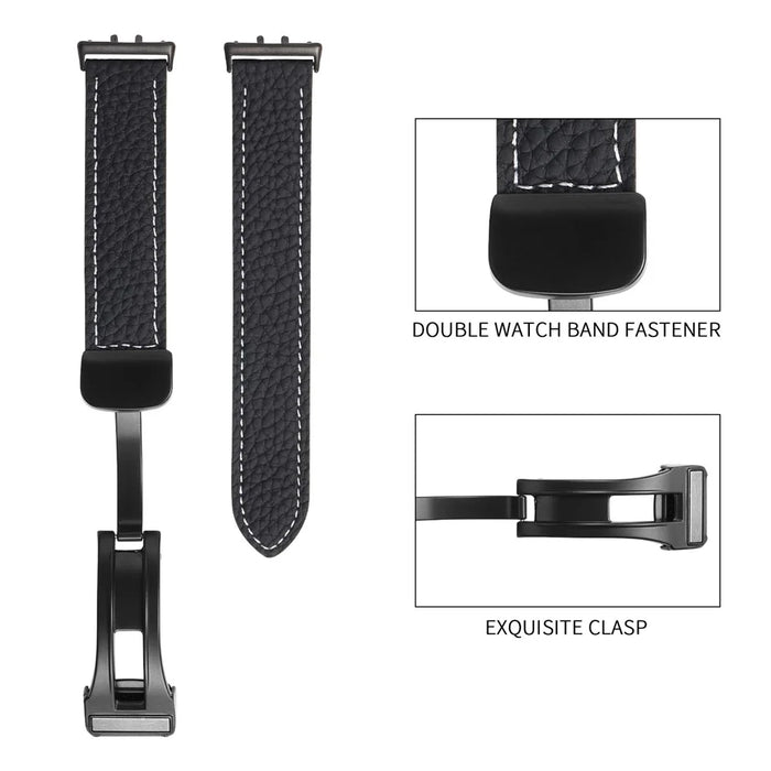 For Samsung Galaxy Fit3 Watch Strap Litchi Texture Genuine Cow Leather Magnetic Band - Black - 4