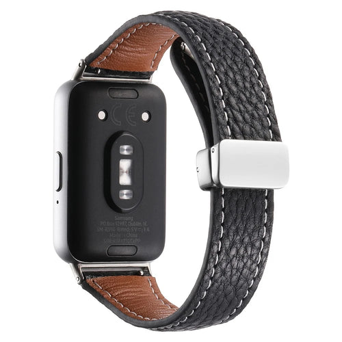 For Samsung Galaxy Fit3 Watch Band Slim Genuine Cow Leather Magnetic Replacement Strap - Black - 1