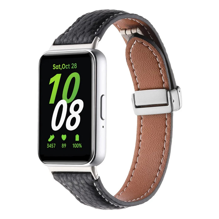 For Samsung Galaxy Fit3 Watch Band Slim Genuine Cow Leather Magnetic Replacement Strap - Black - 2