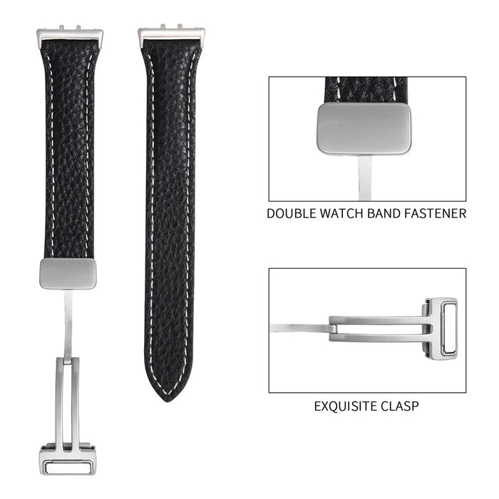 For Samsung Galaxy Fit3 Watch Band Slim Genuine Cow Leather Magnetic Replacement Strap - Black - 4