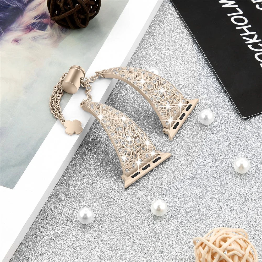 For Apple Watch Ultra 3 2 1 49mm / Series 11 10 46mm / 9 8 7 45mm / SE3 SE2 SE 6 5 4 44mm / 3 2 1 42mm Floral Slider Bracelet Strap - Retro Gold - 1