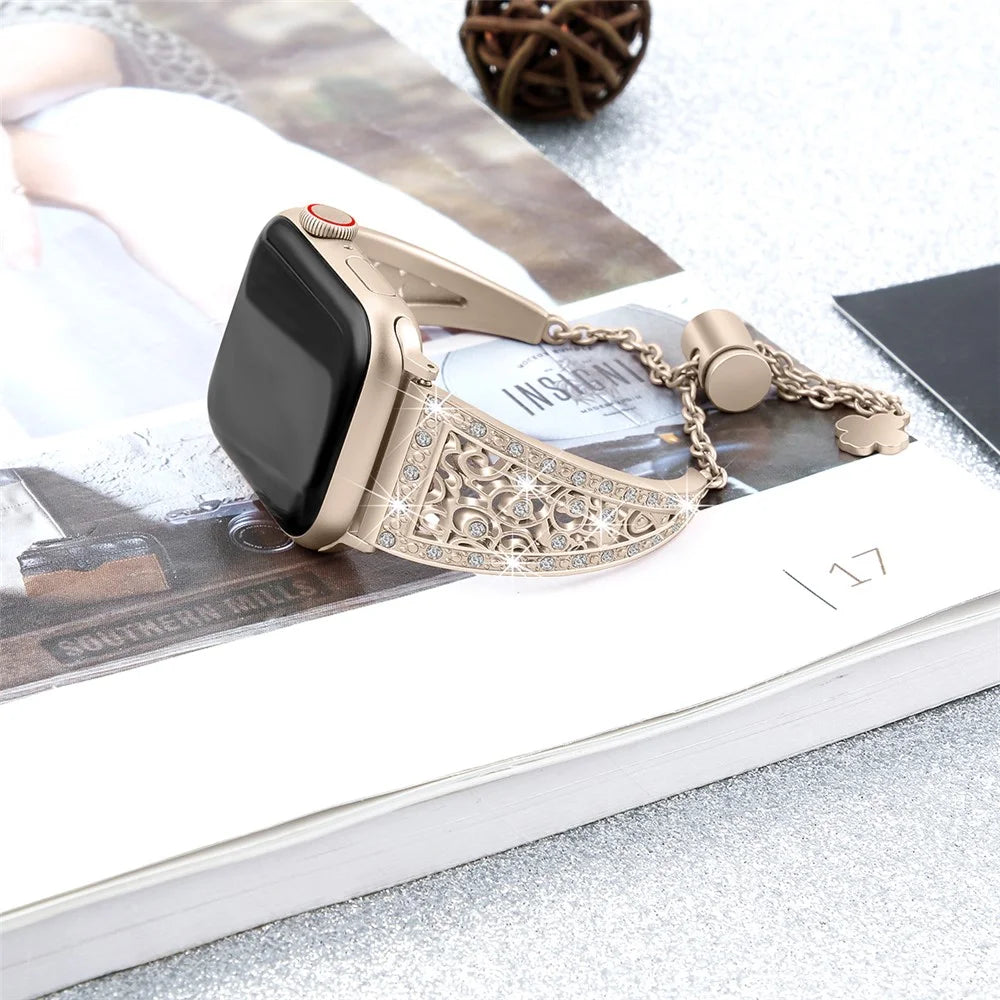For Apple Watch Ultra 3 2 1 49mm / Series 11 10 46mm / 9 8 7 45mm / SE3 SE2 SE 6 5 4 44mm / 3 2 1 42mm Floral Slider Bracelet Strap - Retro Gold - 2