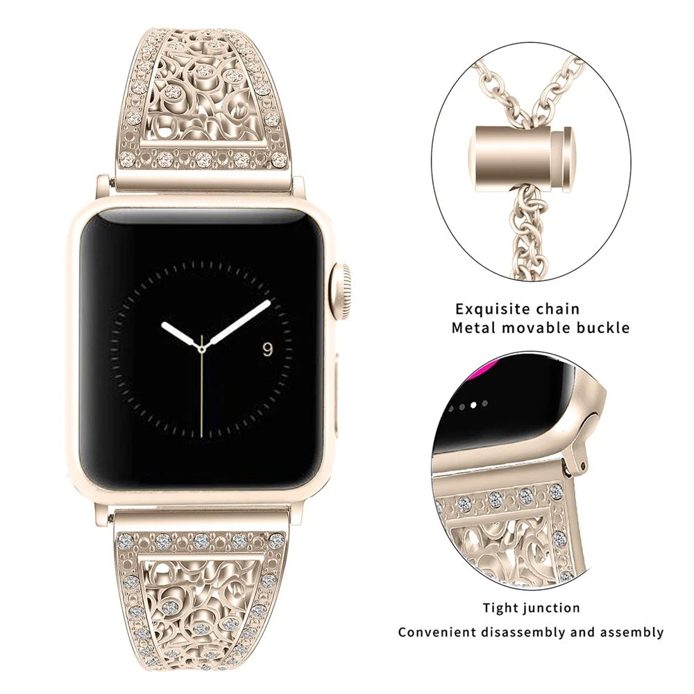 For Apple Watch Ultra 3 2 1 49mm / Series 11 10 46mm / 9 8 7 45mm / SE3 SE2 SE 6 5 4 44mm / 3 2 1 42mm Floral Slider Bracelet Strap - Retro Gold - 3