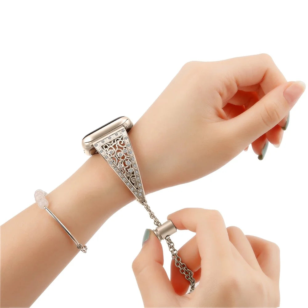 For Apple Watch Ultra 3 2 1 49mm / Series 11 10 46mm / 9 8 7 45mm / SE3 SE2 SE 6 5 4 44mm / 3 2 1 42mm Floral Slider Bracelet Strap - Retro Gold - 4