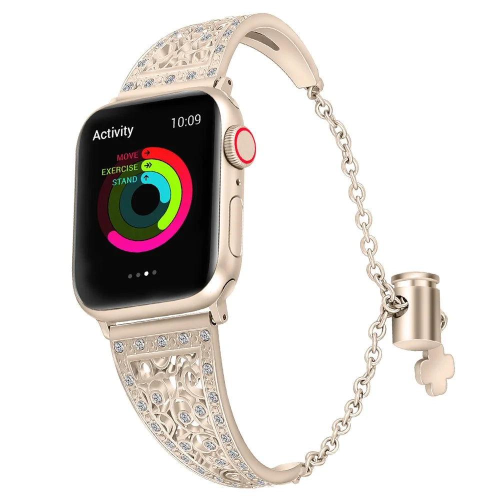 For Apple Watch Ultra 3 2 1 49mm / Series 11 10 46mm / 9 8 7 45mm / SE3 SE2 SE 6 5 4 44mm / 3 2 1 42mm Floral Slider Bracelet Strap - Retro Gold - 5