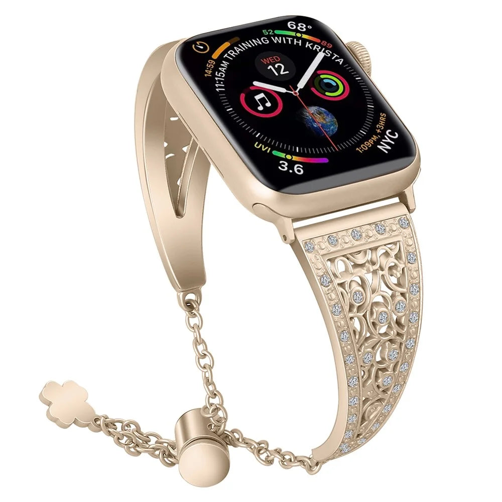 For Apple Watch Ultra 3 2 1 49mm / Series 11 10 46mm / 9 8 7 45mm / SE3 SE2 SE 6 5 4 44mm / 3 2 1 42mm Floral Slider Bracelet Strap - Retro Gold - 6