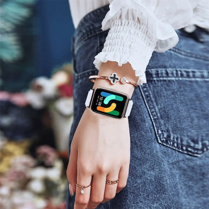 For Samsung Galaxy Fit3 SM-R390 Woven Watch Strap Elastic Wrist Band, Black Connector - White - 5