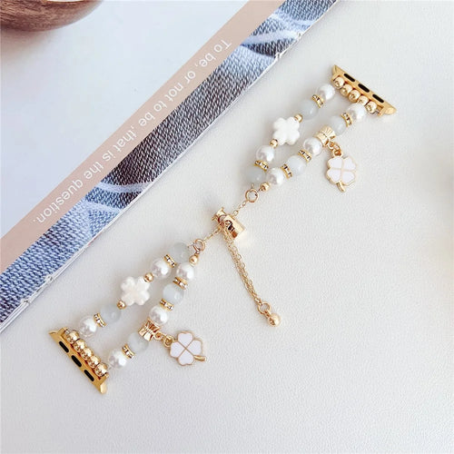 Clover Strap For Apple Watch Series 11 10 42mm / 9 8 7 41mm / SE3 SE2 SE 6 5 4 40mm / 3 2 1 38mm Beaded Bracelet Band - White - 1