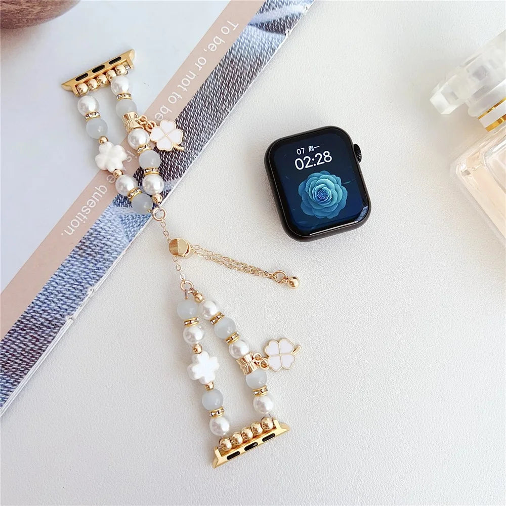 Clover Strap For Apple Watch Series 11 10 42mm / 9 8 7 41mm / SE3 SE2 SE 6 5 4 40mm / 3 2 1 38mm Beaded Bracelet Band - White - 2