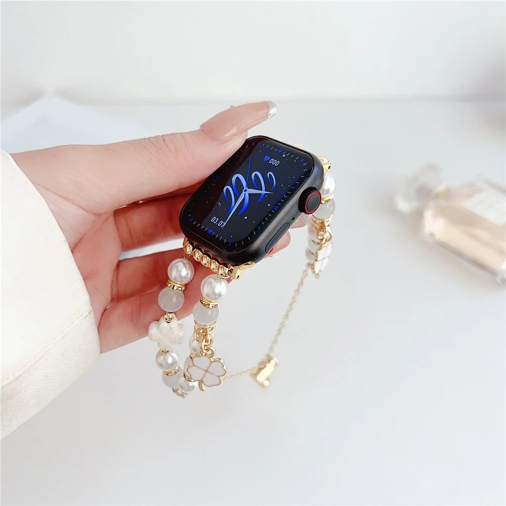 Clover Strap For Apple Watch Series 11 10 42mm / 9 8 7 41mm / SE3 SE2 SE 6 5 4 40mm / 3 2 1 38mm Beaded Bracelet Band - White - 3