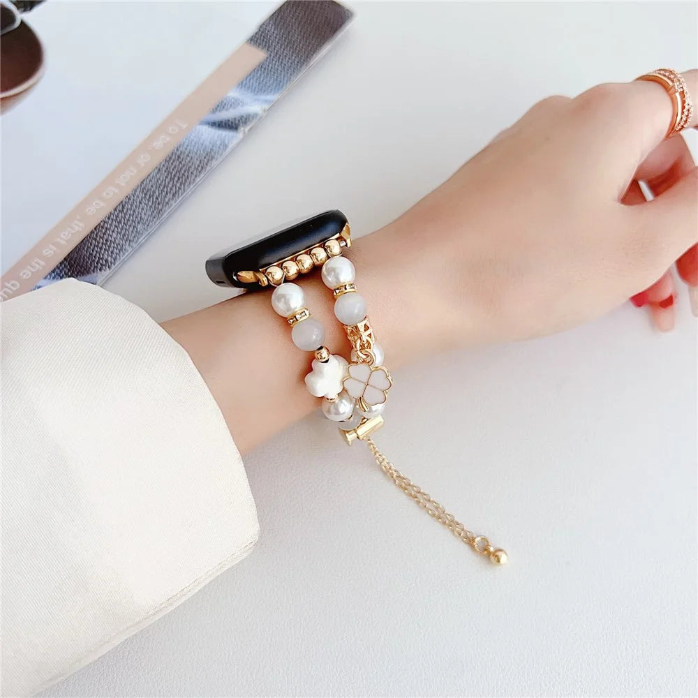 Clover Strap For Apple Watch Series 11 10 42mm / 9 8 7 41mm / SE3 SE2 SE 6 5 4 40mm / 3 2 1 38mm Beaded Bracelet Band - White - 4