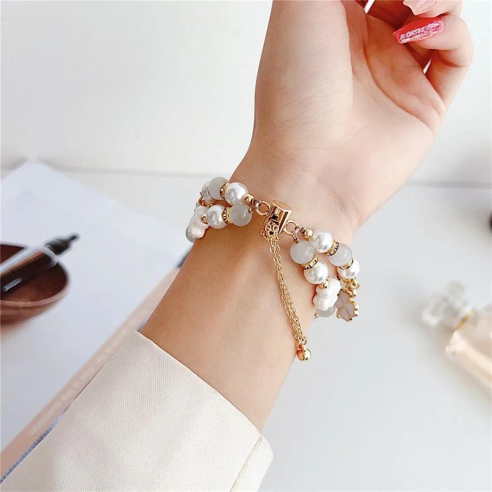 Clover Strap For Apple Watch Series 11 10 42mm / 9 8 7 41mm / SE3 SE2 SE 6 5 4 40mm / 3 2 1 38mm Beaded Bracelet Band - White - 5