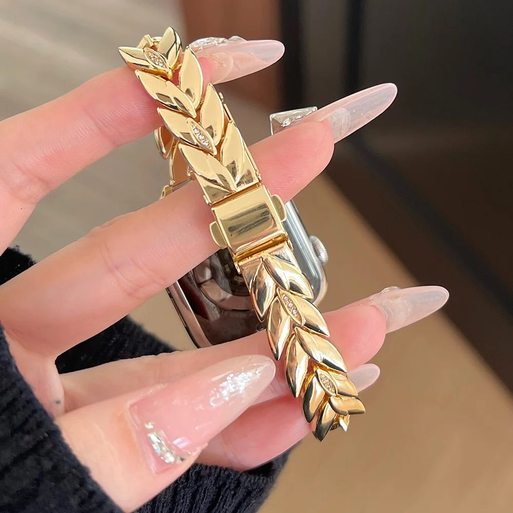 Strap For Apple Watch Series 11 10 42mm / 9 8 7 41mm / SE3 SE2 SE 6 5 4 40mm / 3 2 1 38mm Wheat Spike Zinc Alloy Watch Band - Gold - 2