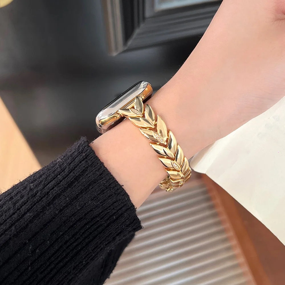 Strap For Apple Watch Series 11 10 42mm / 9 8 7 41mm / SE3 SE2 SE 6 5 4 40mm / 3 2 1 38mm Wheat Spike Zinc Alloy Watch Band - Gold - 3