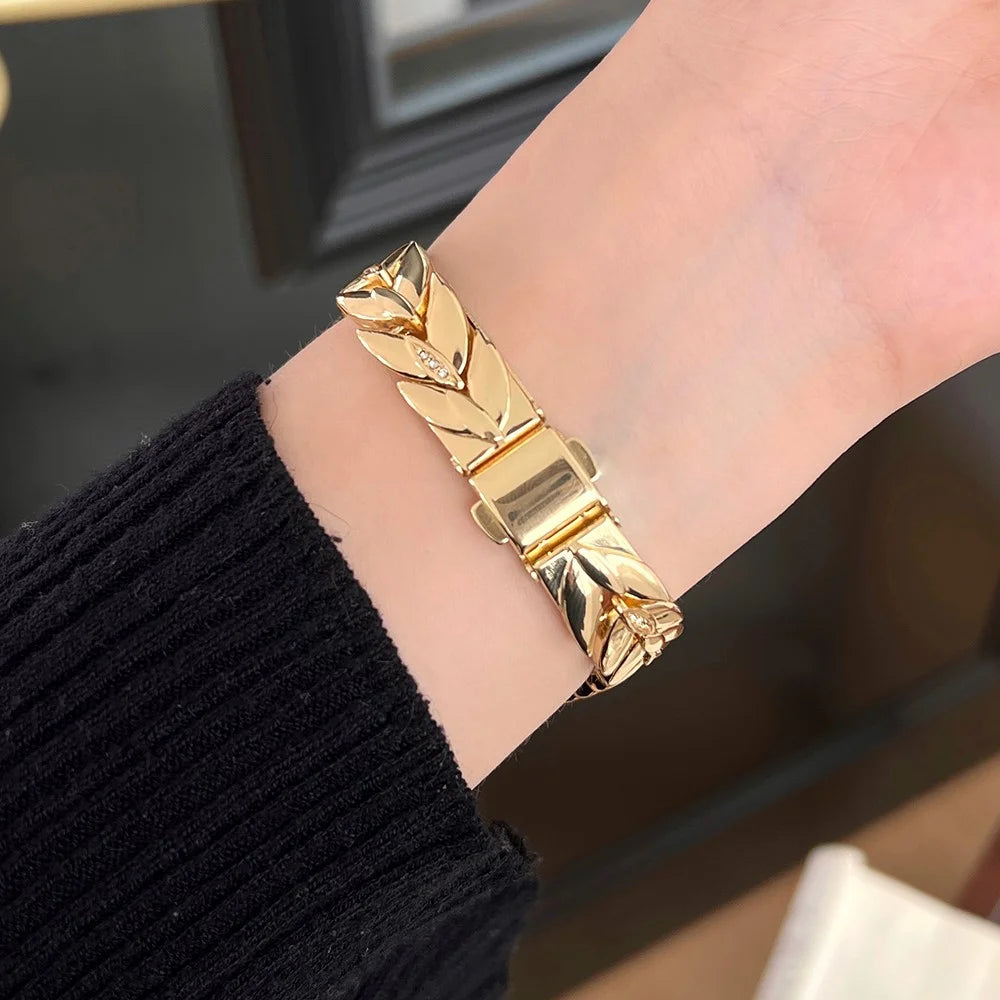 Strap For Apple Watch Series 11 10 42mm / 9 8 7 41mm / SE3 SE2 SE 6 5 4 40mm / 3 2 1 38mm Wheat Spike Zinc Alloy Watch Band - Gold - 4
