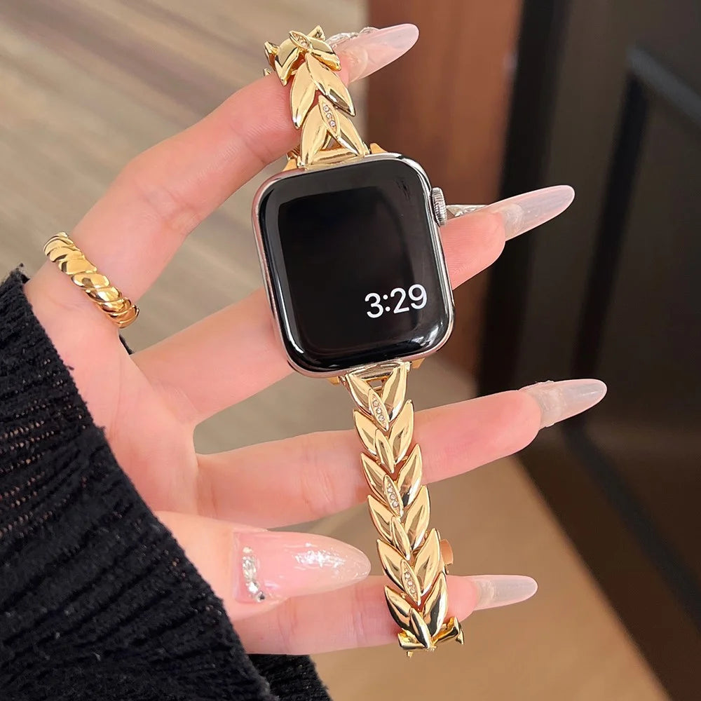 For Apple Watch Ultra 3 2 1 49mm / Series 11 10 46mm / 9 8 7 45mm / SE3 SE2 SE 6 5 4 44mm / 3 2 1 42mm Wheat Spike Zinc Alloy Wristband - Gold - 1