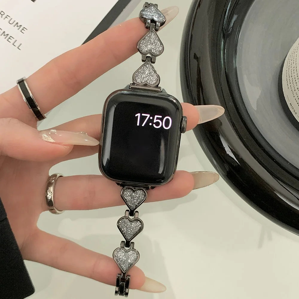 Glitter Heart Watch Strap for Apple Watch Series 11 10 42mm / 9 8 7 41mm / SE3 SE2 SE 6 5 4 40mm / 3 2 1 38mm Zinc Alloy Band - Black - 2