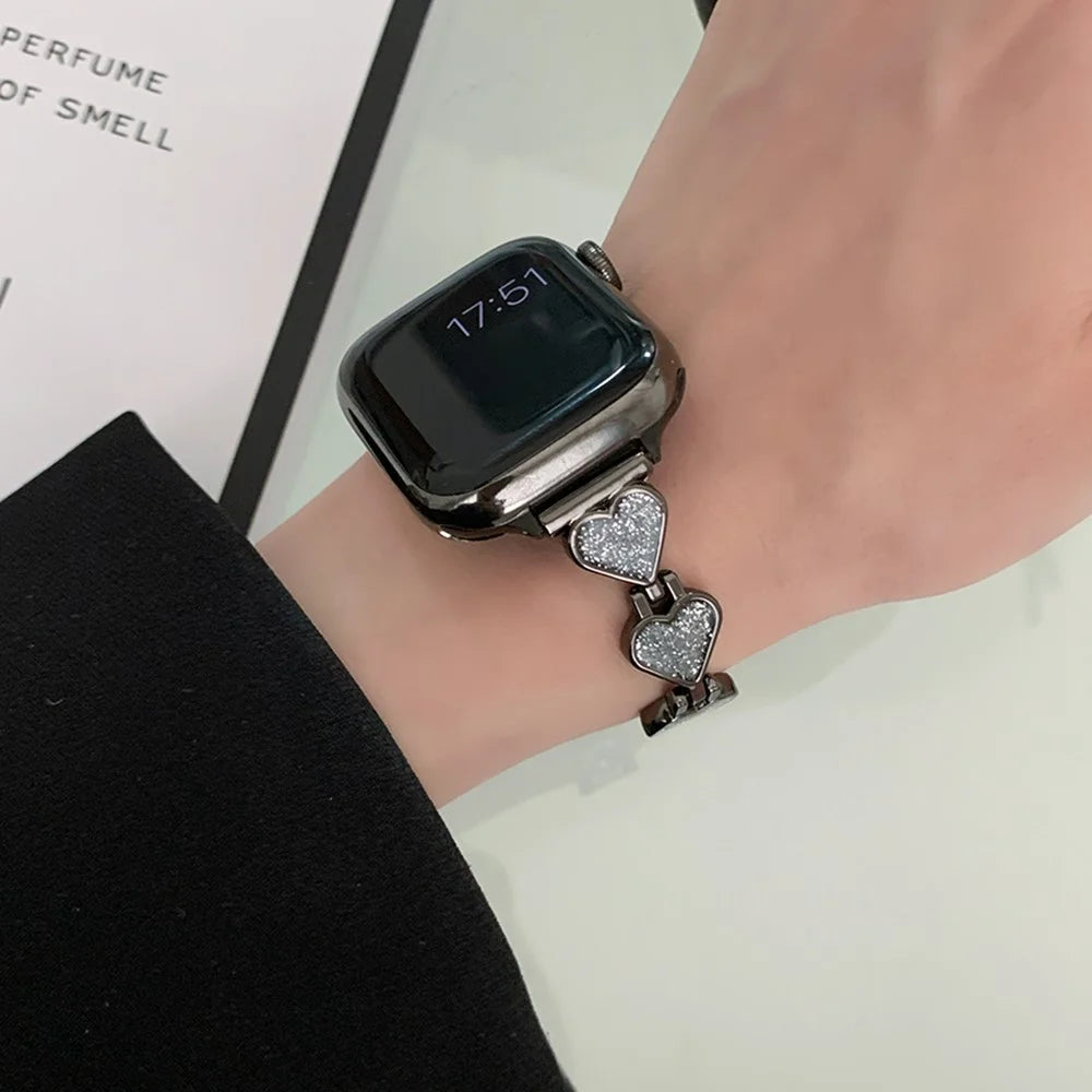 Glitter Heart Watch Strap for Apple Watch Series 11 10 42mm / 9 8 7 41mm / SE3 SE2 SE 6 5 4 40mm / 3 2 1 38mm Zinc Alloy Band - Black - 4
