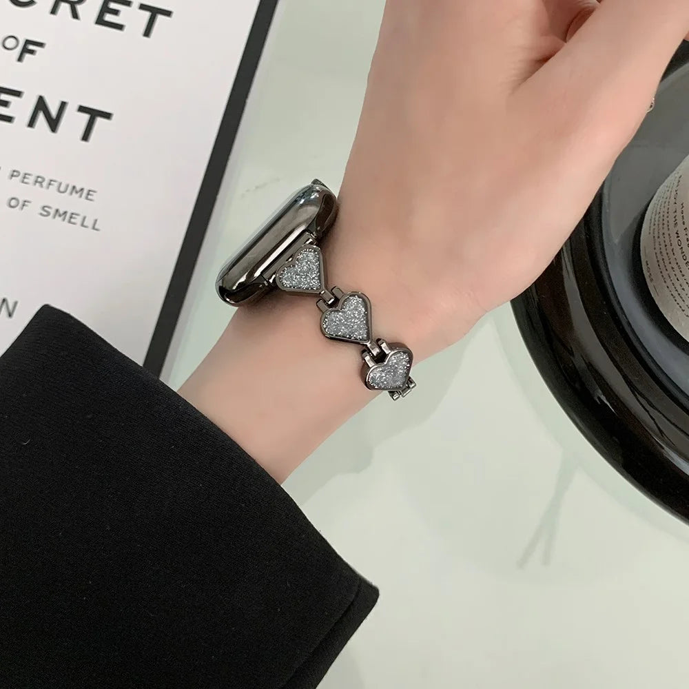 Glitter Heart Watch Strap for Apple Watch Series 11 10 42mm / 9 8 7 41mm / SE3 SE2 SE 6 5 4 40mm / 3 2 1 38mm Zinc Alloy Band - Black - 5