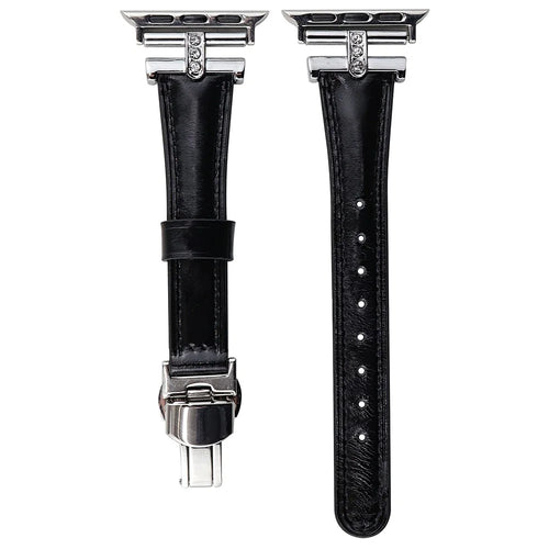 Rhinestone Decor Strap For Apple Watch Series 11 10 42mm / 9 8 7 41mm / SE3 SE2 SE 6 5 4 40mm / 3 2 1 38mm Genuine Cow Leather Band - Black - 1