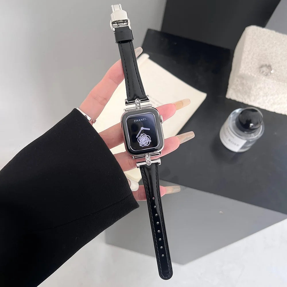 Rhinestone Decor Strap For Apple Watch Series 11 10 42mm / 9 8 7 41mm / SE3 SE2 SE 6 5 4 40mm / 3 2 1 38mm Genuine Cow Leather Band - Black - 2