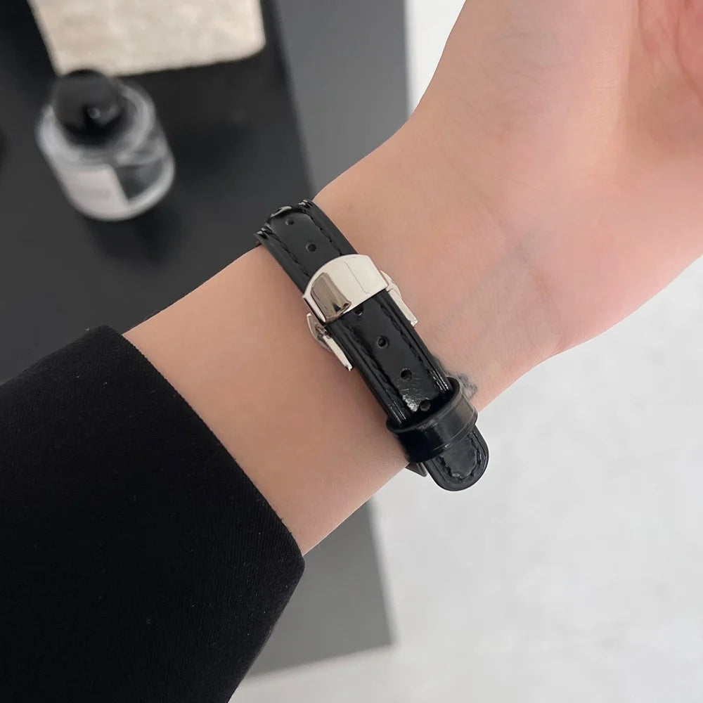 Rhinestone Decor Strap For Apple Watch Series 11 10 42mm / 9 8 7 41mm / SE3 SE2 SE 6 5 4 40mm / 3 2 1 38mm Genuine Cow Leather Band - Black - 5