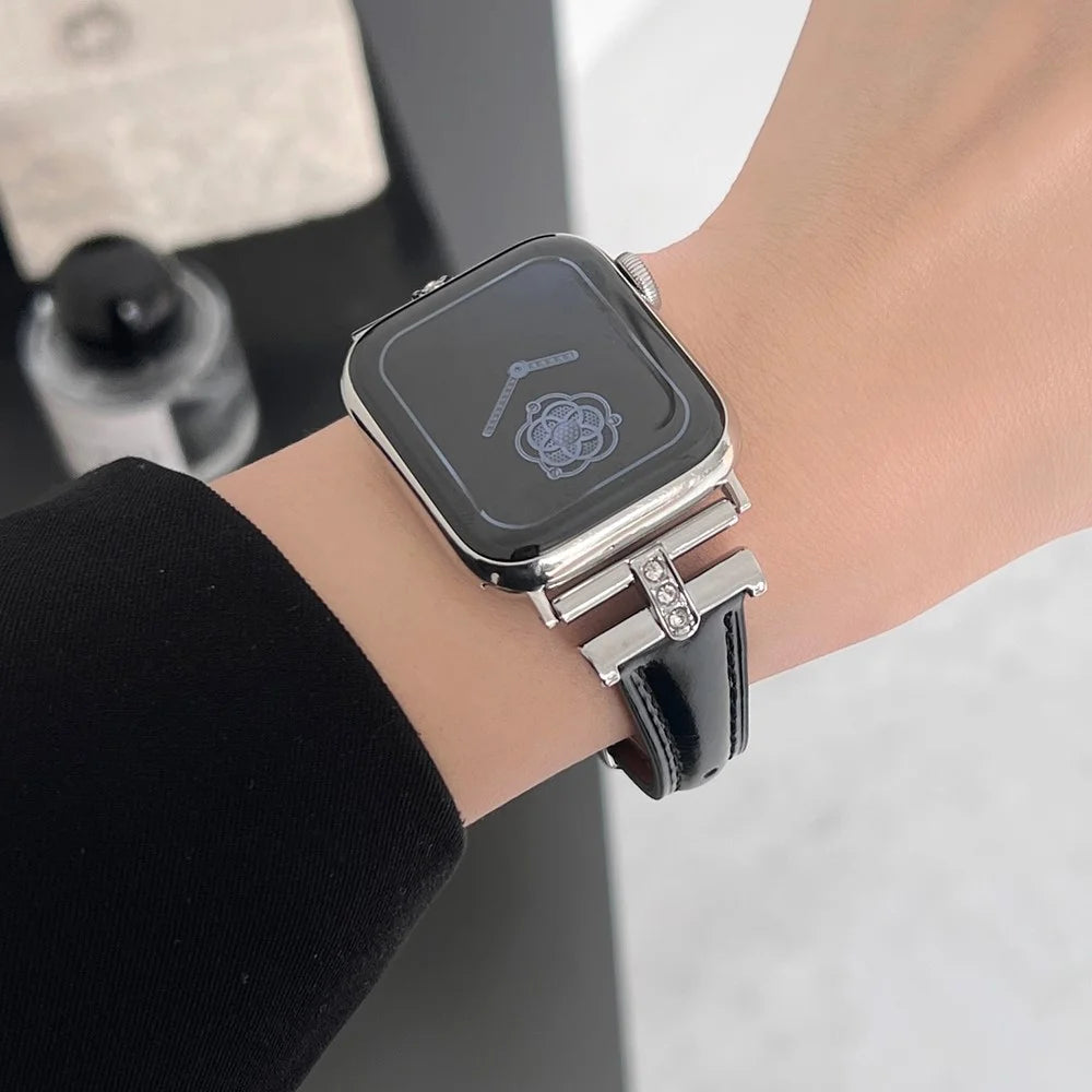 For Apple Watch Ultra 3 2 1 49mm / Series 11 10 46mm / 9 8 7 45mm / SE3 SE2 SE 6 5 4 44mm / 3 2 1 42mm Genuine Cow Leather Strap - Black - 4