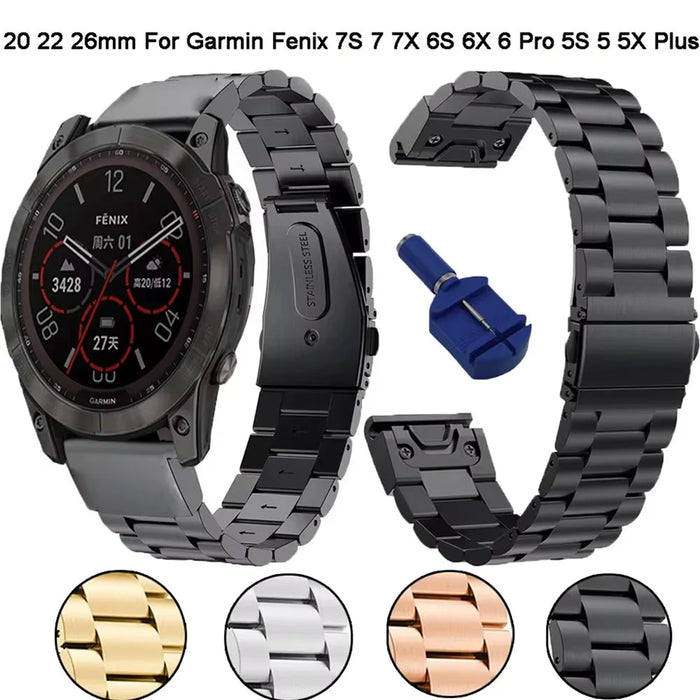 Stainless Steel Strap for Garmin Fenix 7 / 7 Pro 47mm / 6 Quickfit 22mm Three Beads Watch Band - Silver - 3