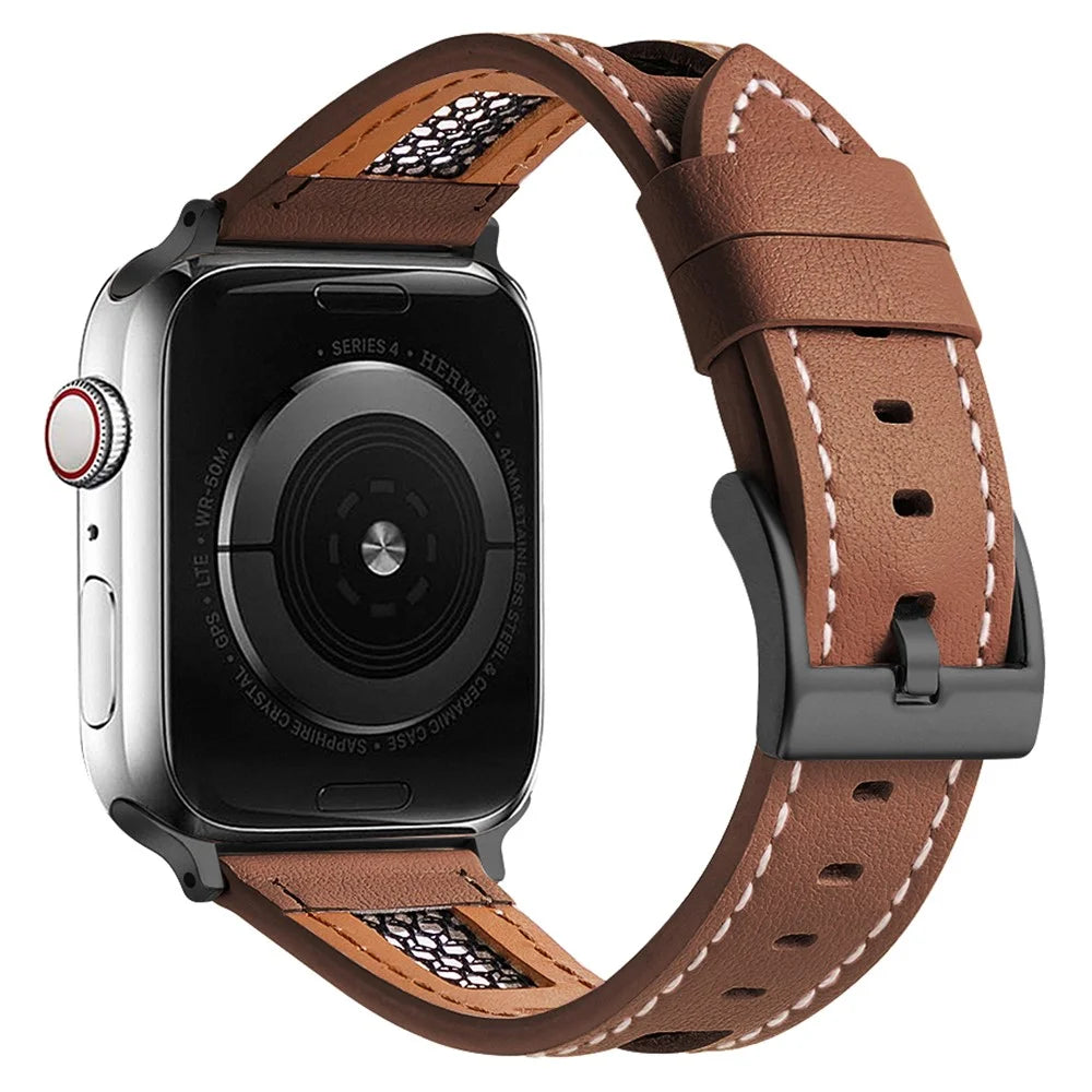 Band For Apple Watch Series 11 10 42mm / 9 8 7 41mm / SE3 SE2 SE 6 5 4 40mm / 3 2 1 38mm Genuine Cow Leather Strap - Dark Brown - 1