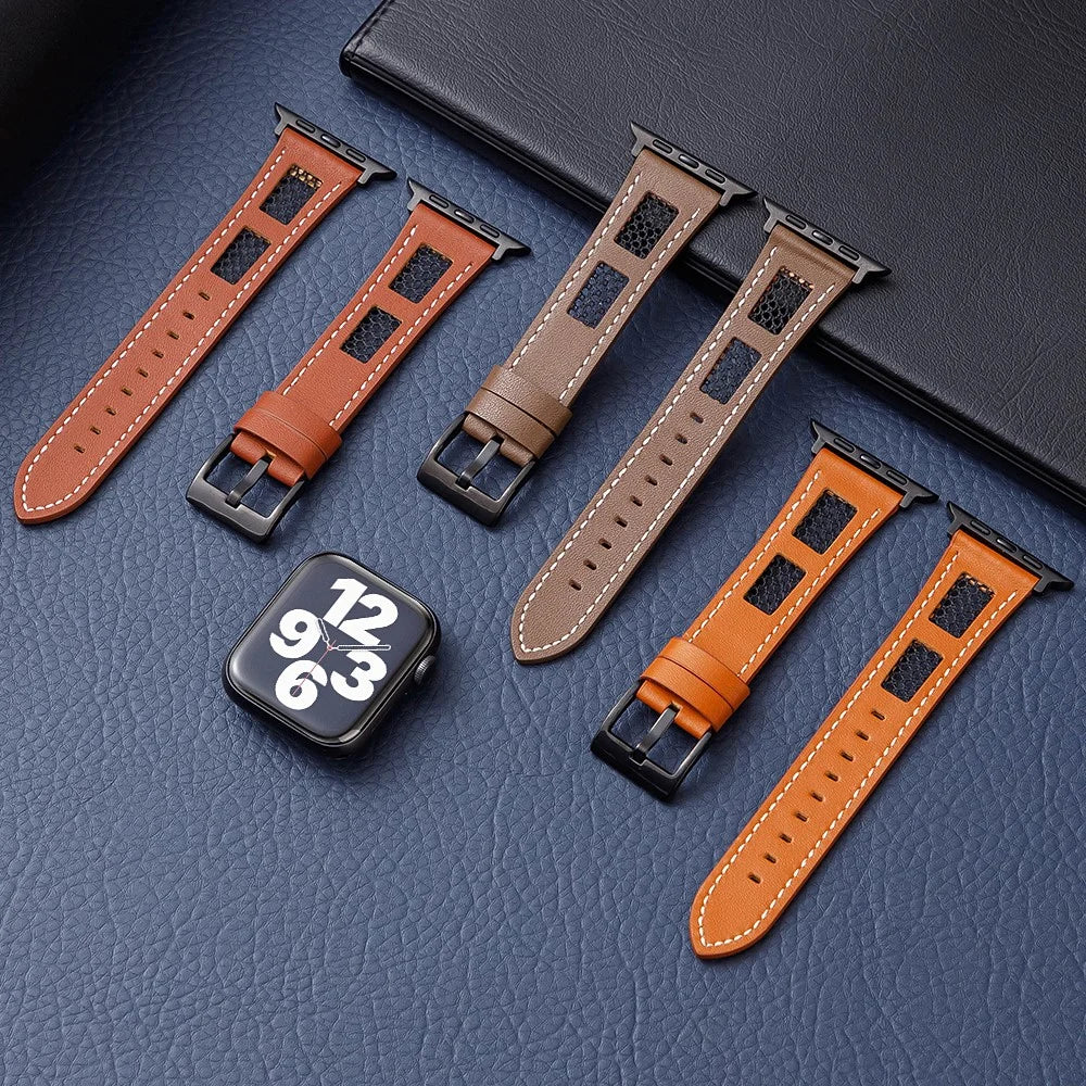For Apple Watch Ultra 3 2 1 49mm / Series 11 10 46mm / 9 8 7 45mm / SE3 SE2 SE 6 5 4 44mm / 3 2 1 42mm Genuine Cow Leather Band - Dark Brown - 4