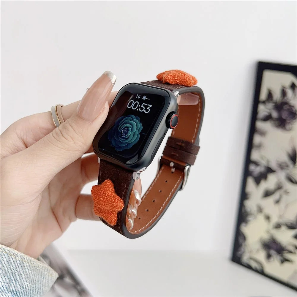 Strap For Apple Watch Series 11 10 42mm / 9 8 7 41mm / SE3 SE2 SE 6 5 4 40mm / 3 2 1 38mm Genuine Cow Leather Watch Band Star Decor - Dark Brown - 2
