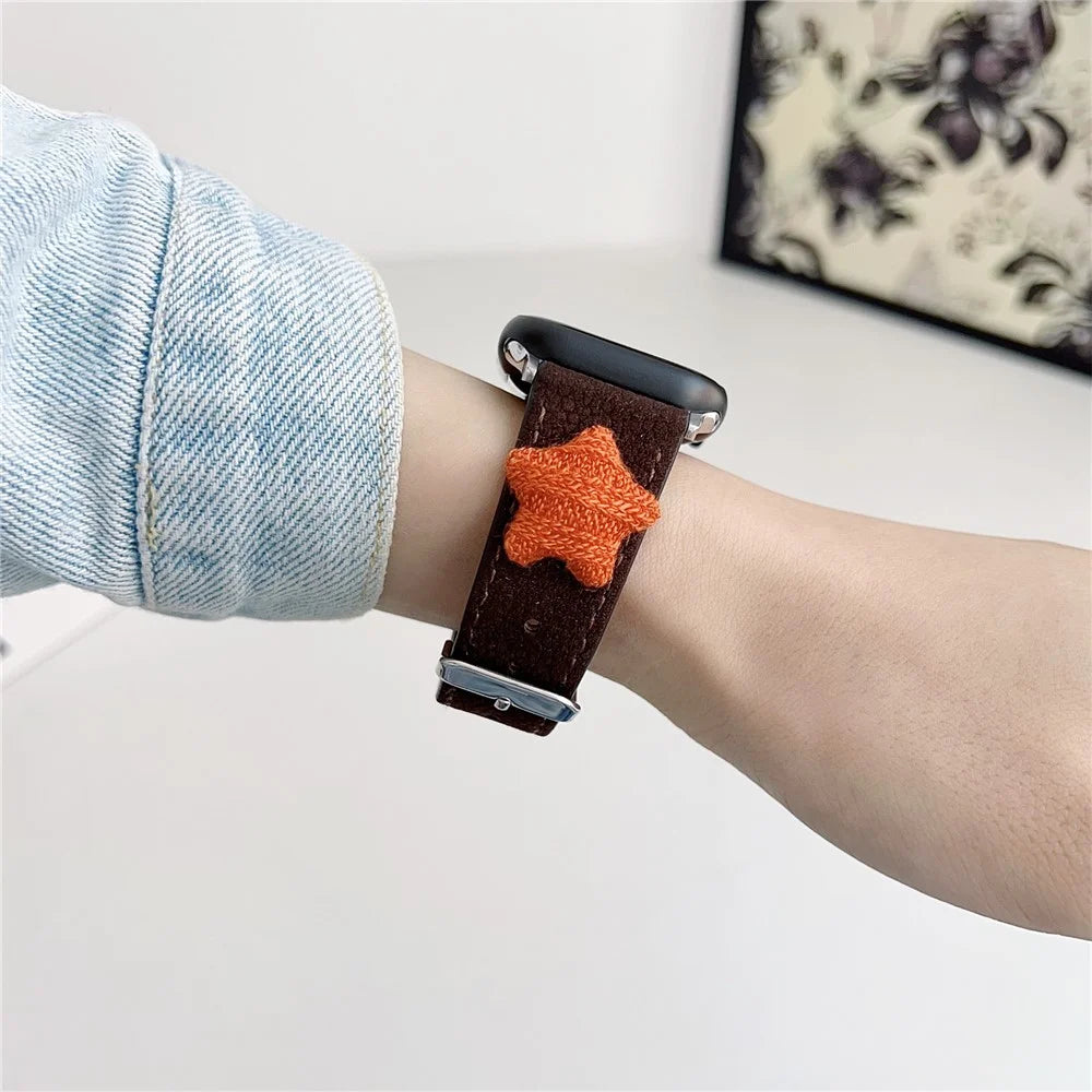 Strap For Apple Watch Series 11 10 42mm / 9 8 7 41mm / SE3 SE2 SE 6 5 4 40mm / 3 2 1 38mm Genuine Cow Leather Watch Band Star Decor - Dark Brown - 4