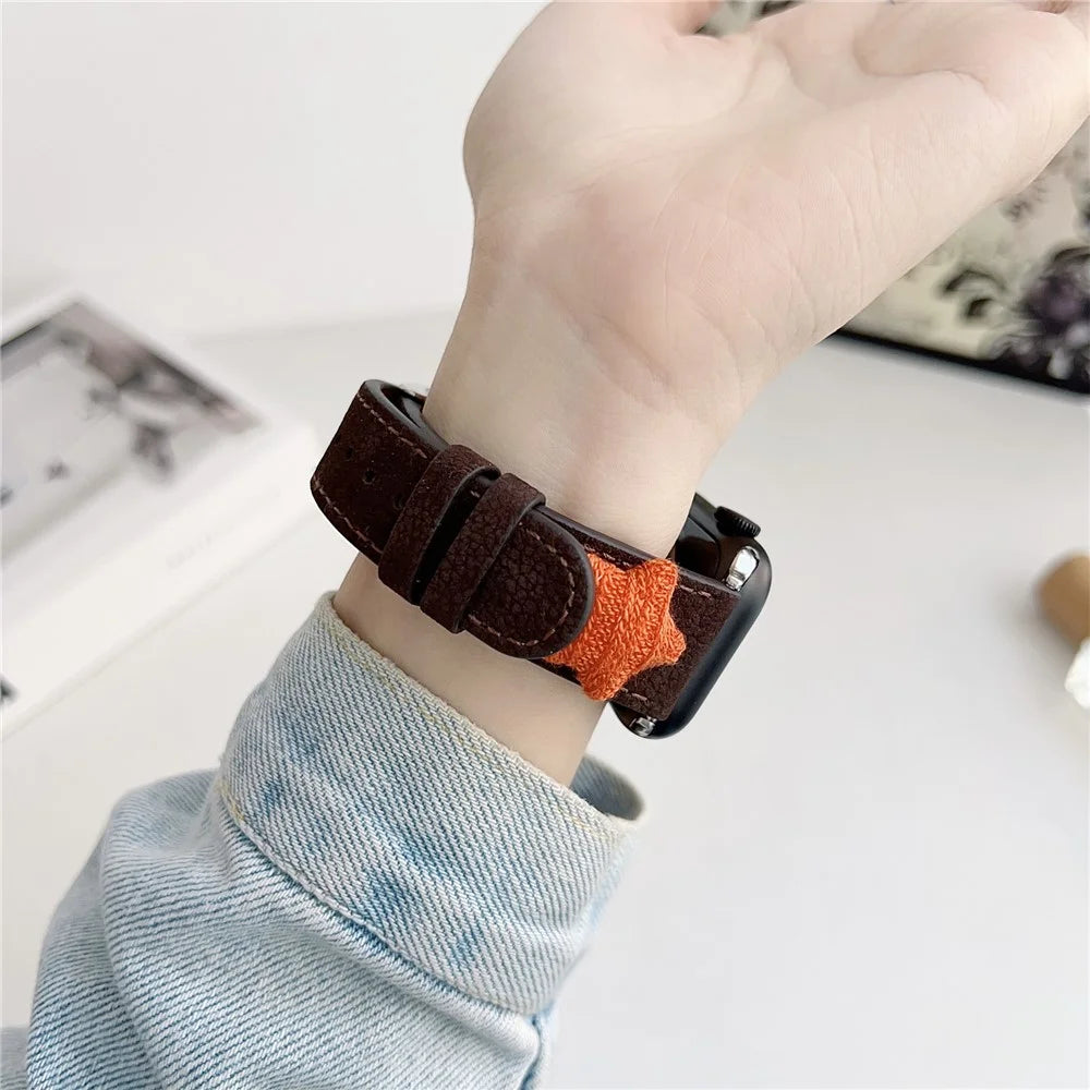Strap For Apple Watch Series 11 10 42mm / 9 8 7 41mm / SE3 SE2 SE 6 5 4 40mm / 3 2 1 38mm Genuine Cow Leather Watch Band Star Decor - Dark Brown - 5