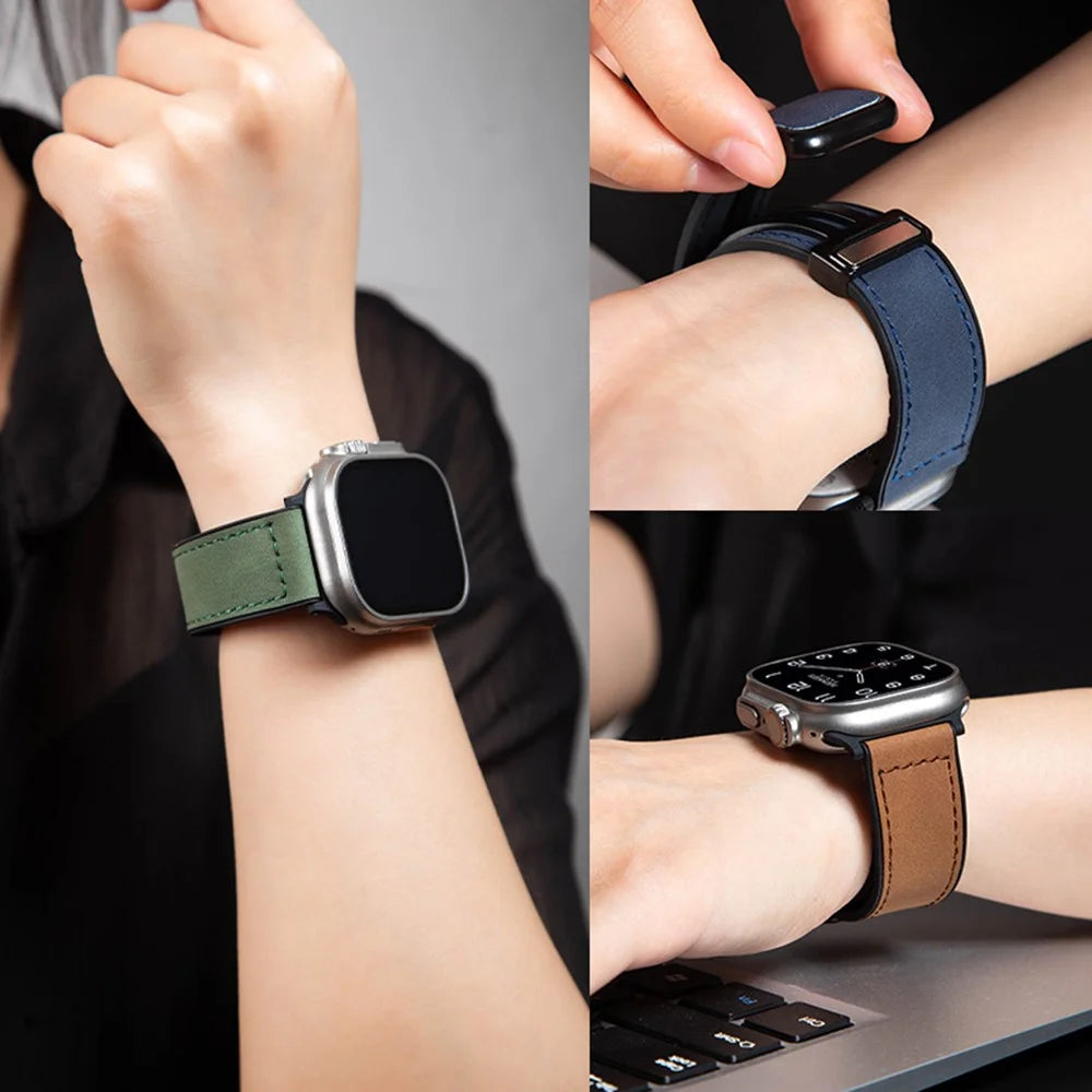 Wrist Watch Band For Apple Watch Series 11 10 42mm / 9 8 7 41mm / SE3 SE2 SE 6 5 4 40mm / 3 2 1 38mm Leather Coated Silicone Strap - Green - 4