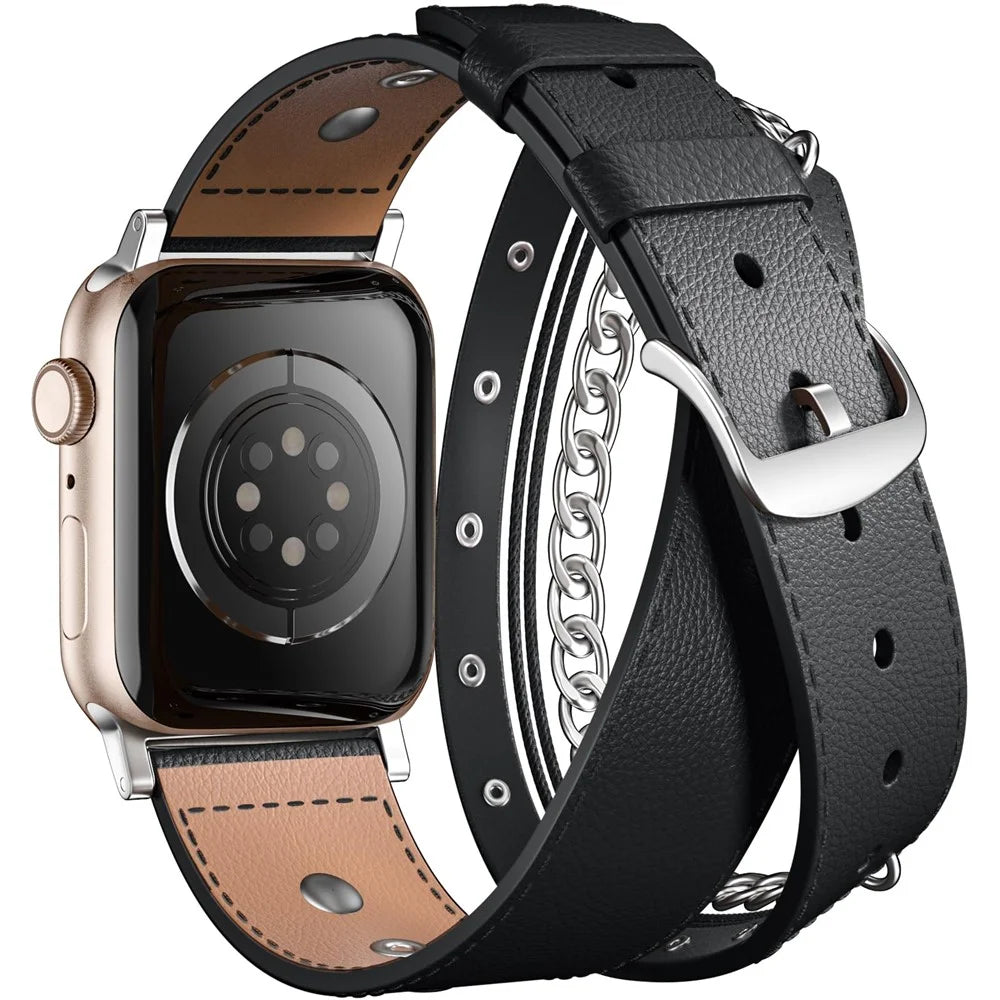 M / L Size For Apple Watch Ultra 3 2 1 49mm / Series 11 10 46mm / 9 8 7 45mm / SE3 SE2 SE 6 5 4 44mm / 3 2 1 42mm Cowhide Strap Punk Style Watch Band - Black - 1