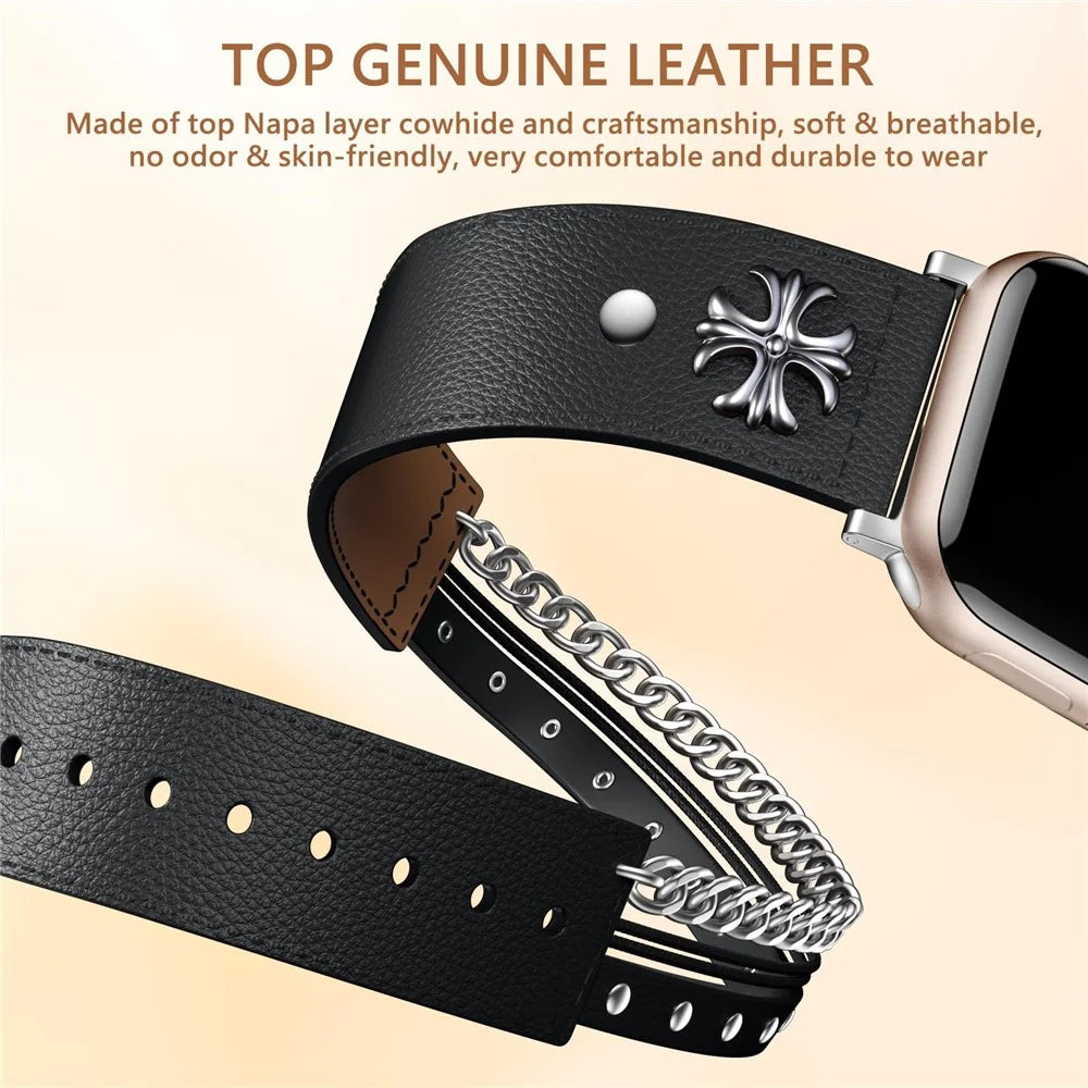 M / L Size For Apple Watch Ultra 3 2 1 49mm / Series 11 10 46mm / 9 8 7 45mm / SE3 SE2 SE 6 5 4 44mm / 3 2 1 42mm Cowhide Strap Punk Style Watch Band - Black - 2